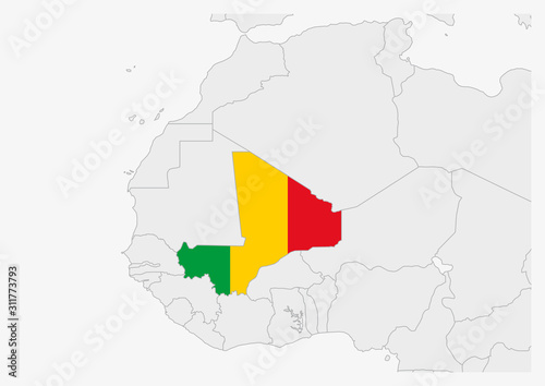 Mali map highlighted in Mali flag colors