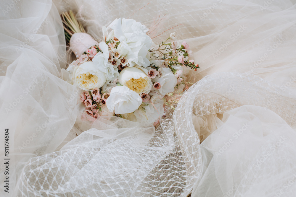 wedding decor postcard flowers veil dress white