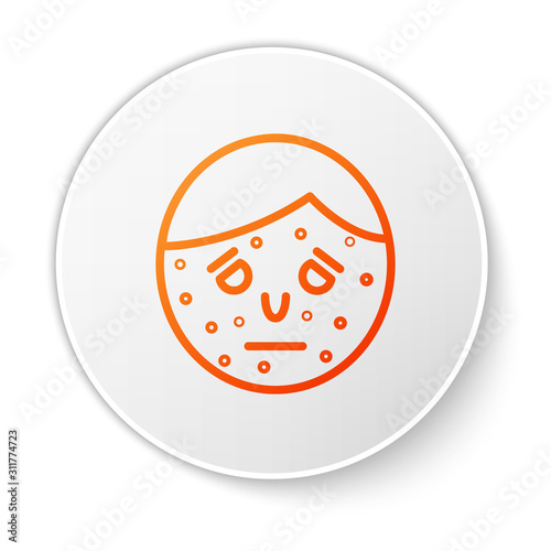 Orange line Face with psoriasis or eczema icon isolated on white background. Concept of human skin response to allergen or chronic body problem. White circle button. Vector Illustration