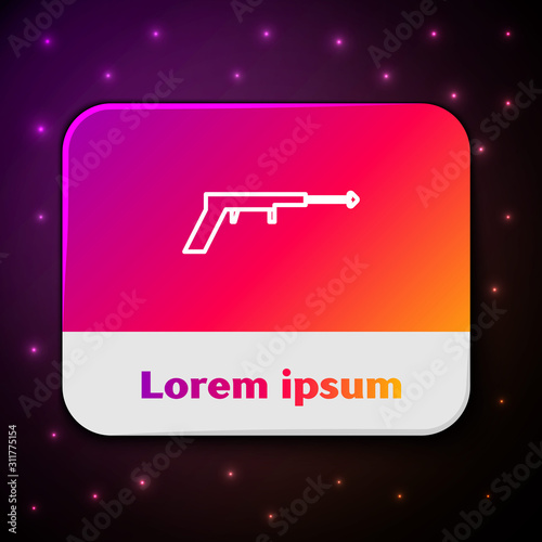 White line Fishing harpoon icon isolated on black background. Fishery manufacturers for catching fish under water. Diving underwater equipment. Rectangle color button. Vector Illustration