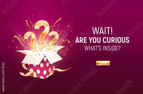 Open textured purple box with three golden question signs and confetti explosion inside on dark purple background. Winning gifts lottery vector illustration. Take a chance in gamble game