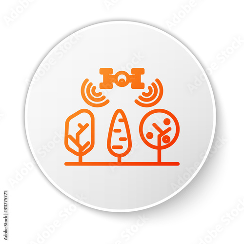 Orange line Smart farm with drone control and tree icon isolated on white background. Innovation technology for agricultural company. White circle button. Vector Illustration