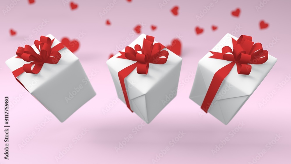 3d render of white box wrapped in a red ribbon with red hearts. White background. Copy space for text. Valentines day presents, illustration. 3d render of white box wrapped in a red ribbon with red hearts. White background. Copy space for text. Valentines day presents, illustration.