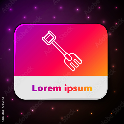White line Garden rake icon isolated on black background. Tool for horticulture, agriculture, farming. Ground cultivator. Housekeeping equipment. Rectangle color button. Vector Illustration