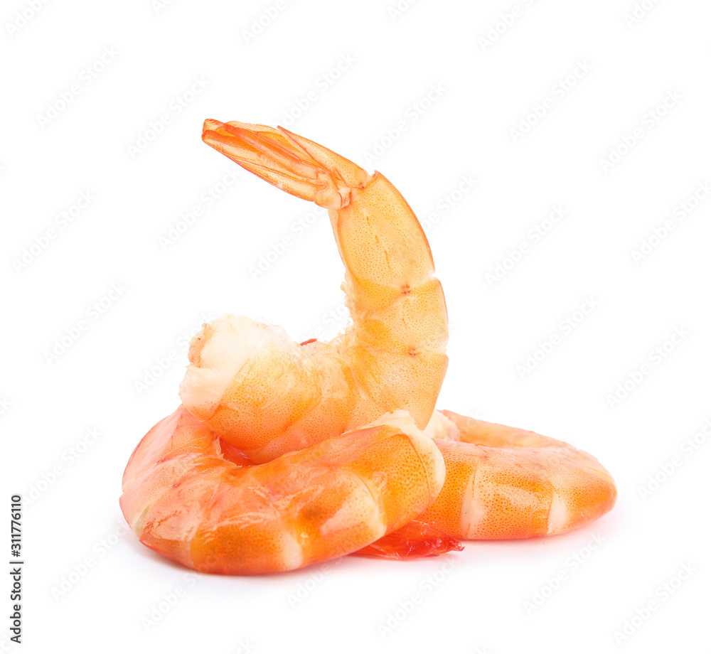Delicious freshly cooked shrimps isolated on white Delicious freshly cooked shrimps isolated on white