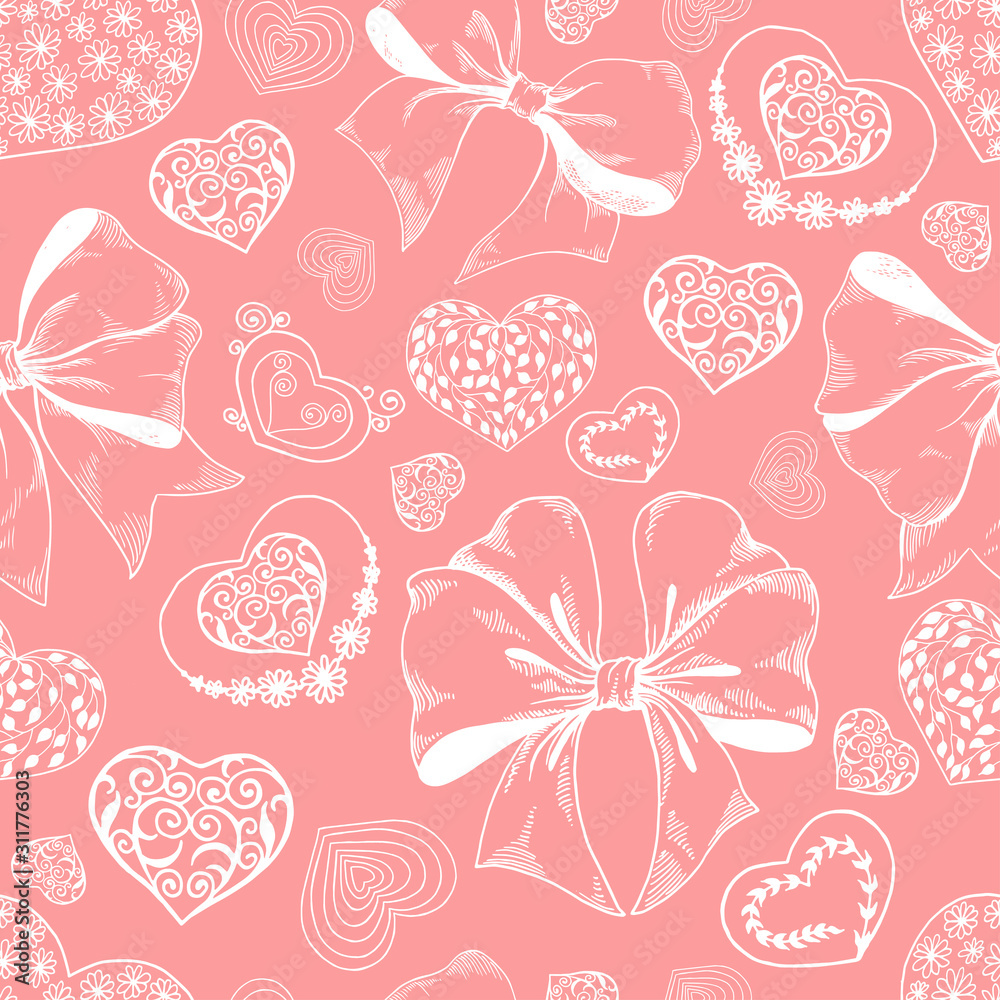 Seamless pattern with Valentine's Day elements on pink background. Hand drawn vector illustration.