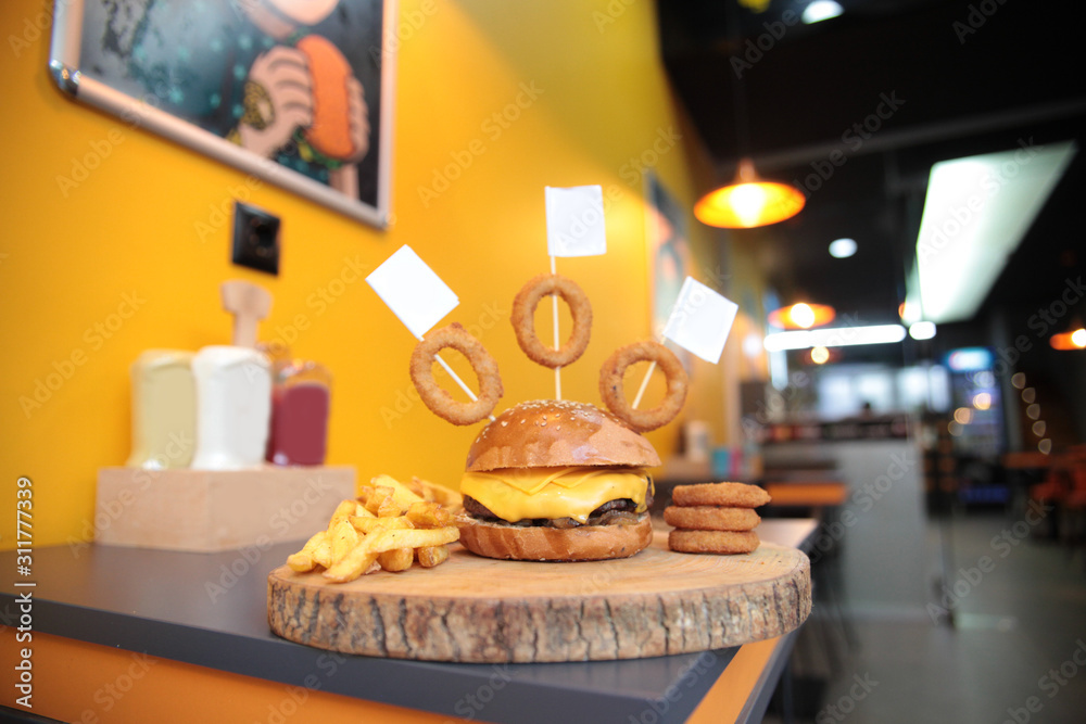 Obraz premium hamburger flag and menu material 