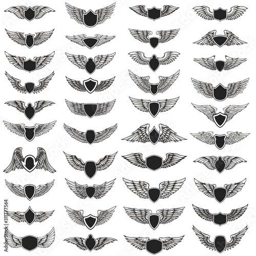 Set of emblems with wings. Design element for logo, label, emblem, sign, badge. Vector illustration