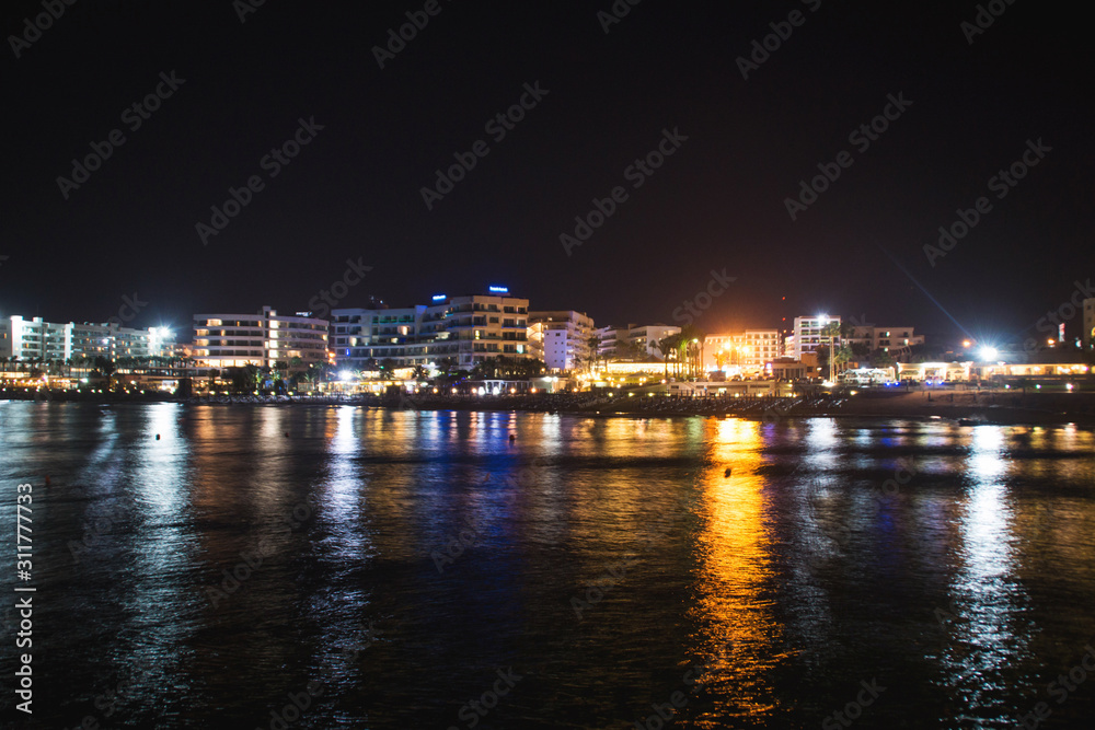 Protaras resort city coastline at night, Cyprus