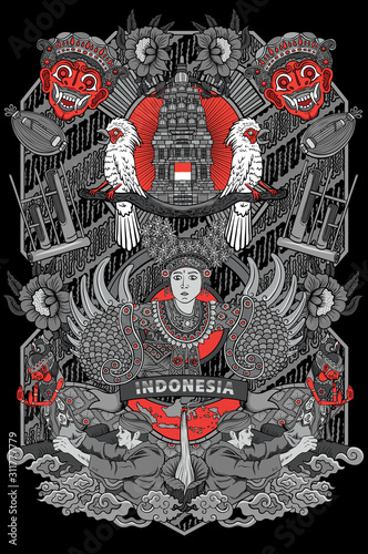 amazing culture of indonesia illustration in vintage frame design