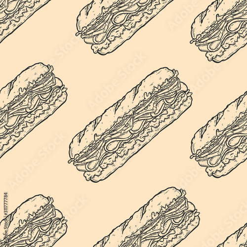Seamless pattern with submarine sandwiches . Design element for poster, card, banner, flyer. Vector illustration