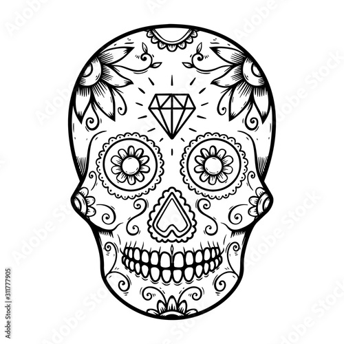 Illustration of mexican sugar skull. Design element for poster, logo, label, design. Vector illustration