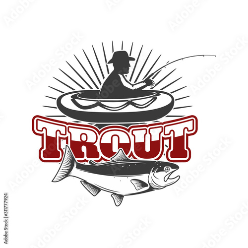 Trout fishing.Emblem template with trout and fisherman on rubber boat. Design element for logo, label, design. Vector illustration