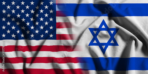 National flag of the United States with Israel on a waving cotton texture background