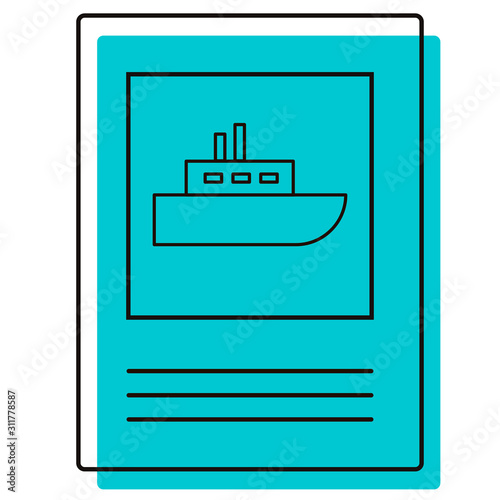 Ship sign. Place of board on a cruise. Point of sale of tickets for the boat. Design element. Vector illustration. Icon with shadow isolated on white background.