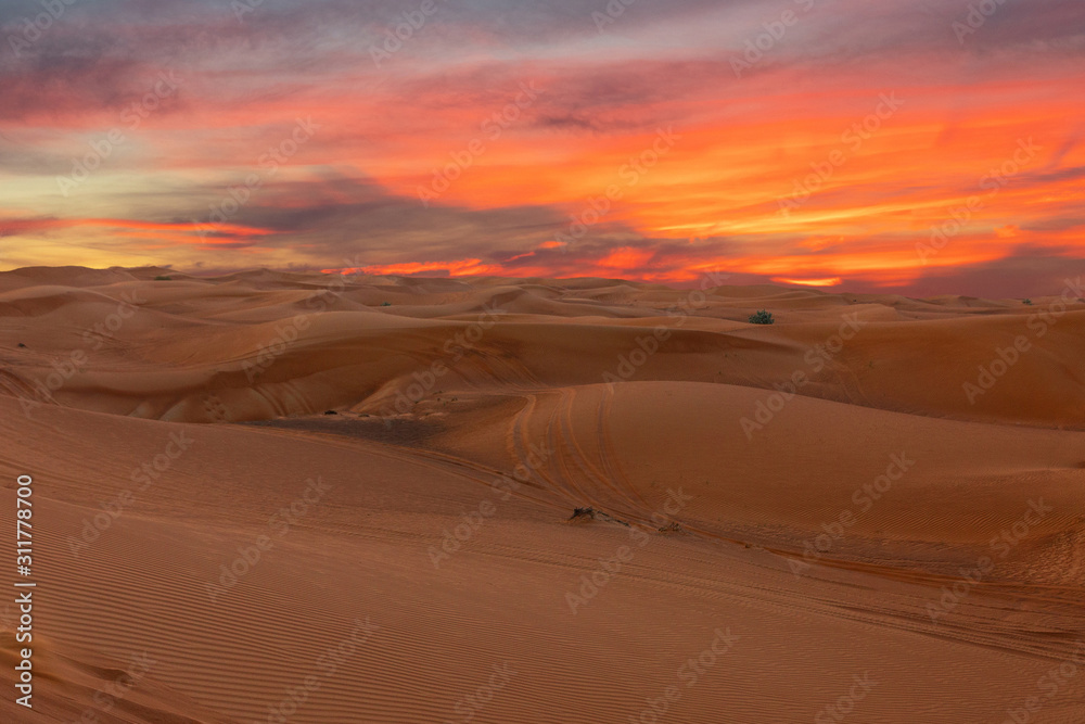 Desert sand - sunset landscape evening sky view, United Arab Emirates, UAE