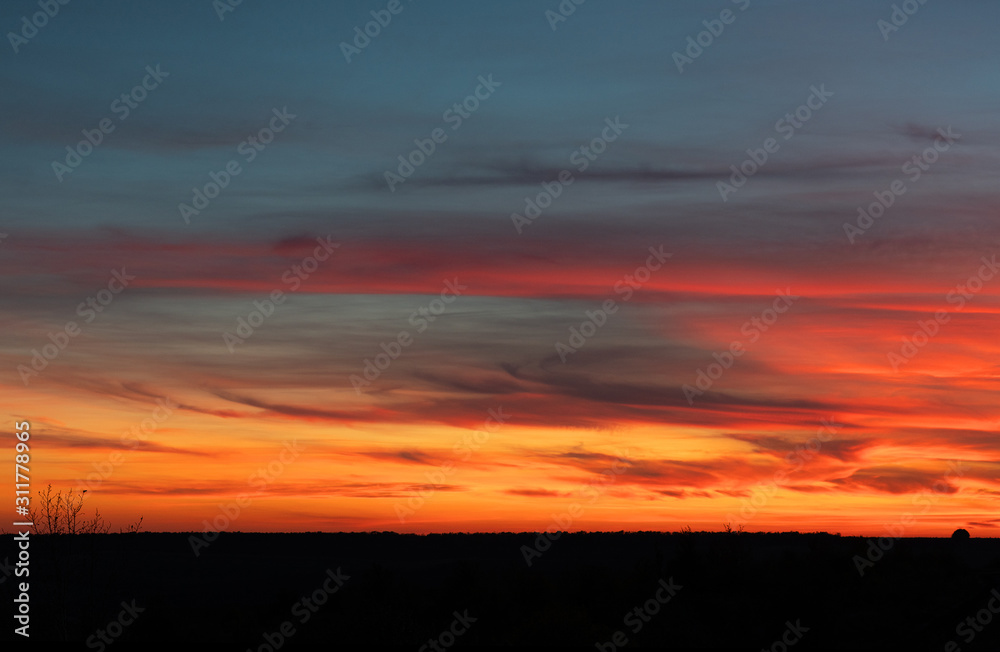 Sunset sky landscape night view. Red bright scenery