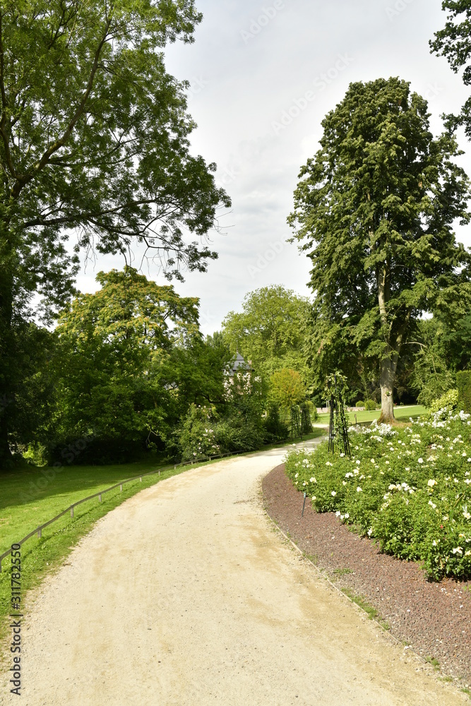 Chemin en gravier fin traversant la végétation luxuriante du domaine Coloma à St-Pieter-Leeuw 