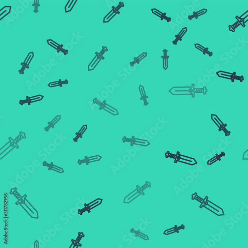 Black line Sword for game icon isolated seamless pattern on green background.  Vector Illustration