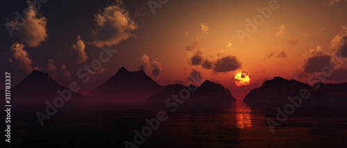 Panorama of ocean sunset among the rocky islands, 3D rendering. © ustas