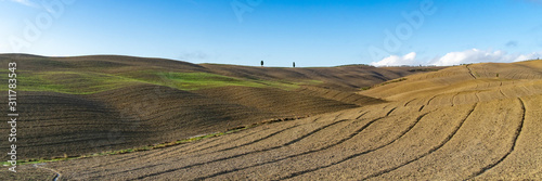 Wide view over the green rolling hills of the Tuscan countryside in Italy. Wide banner.
