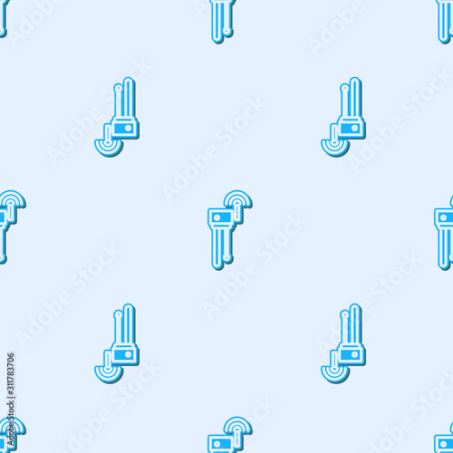 Blue line Router and wi-fi signal symbol icon isolated seamless pattern on grey background. Wireless ethernet modem router. Computer technology internet.  Vector Illustration