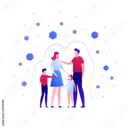 Vaccination healthcare concept. Vector flat people illustration. Parents with child protected from virus isolated on white. Design element for medicine banner, poster, background, web, infographic.
