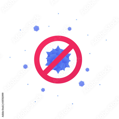 Vaccination medicine disease prevention concept. Vector flat illustration. Virus symbol in stop sign isolated on white . Design element for banner, poster, background, web, infographic.