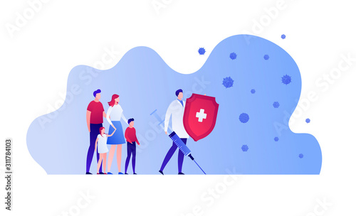Vaccination healthcare concept. Vector flat people illustration. Family and hero doctor with shield, vaccine syringe on white. Design element for medicine banner, poster, background, web, infographic.