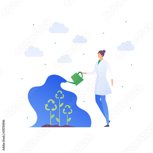 Ecology science protection concept. Vector flat people llustration. Female scientist holding water can over plant with recycle sign flower. Design element for banner, background, web, infographic.