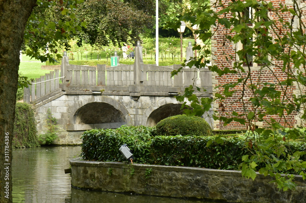 Fototapeta premium Pont rustique à arche reliant la berge et le château au domaine de la roseraie Coloma à St-Pieter-Leeuw