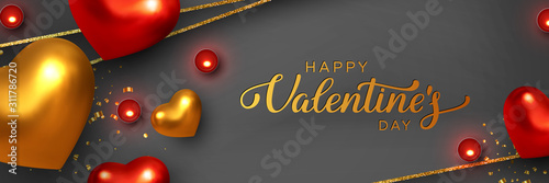 Happy Valentines Day banner. 3d metallic red and golden hearts with confetti, candles, decorative glitter strips. Handwritten lettering text. Vector.