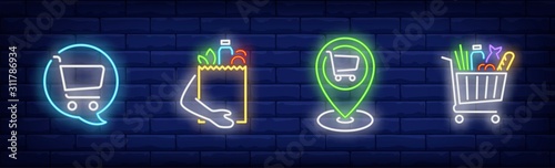 Food market location neon sign set