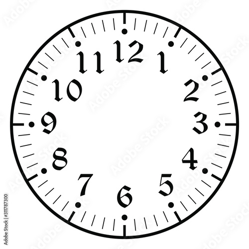 Clock face for house, alarm, table, kitchen, wall, wristwatches or special models for kids. Dial for pocket, stop watches or timer. For mark opening, visiting, office, business or working hours.