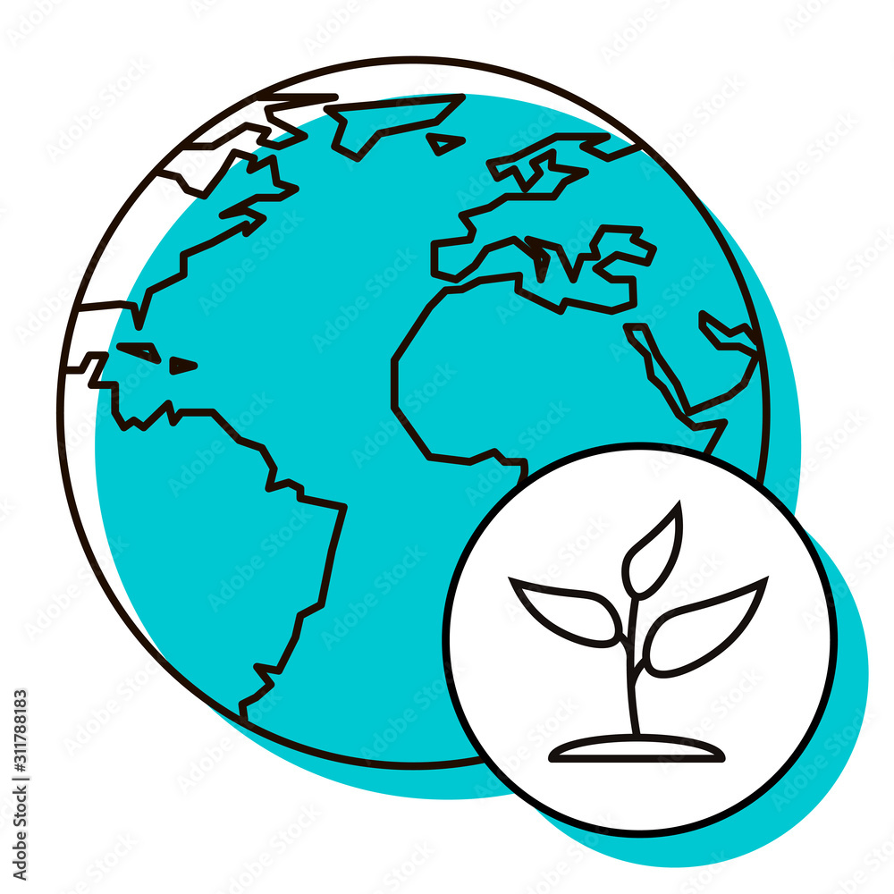 Earth icon with tree sprout. Ecology poster. Design element. Vector illustration. Object with shadow isolated on white background. Earth icon with tree sprout. Ecology poster. Design element. Vector illustration. Object with shadow isolated on white background.