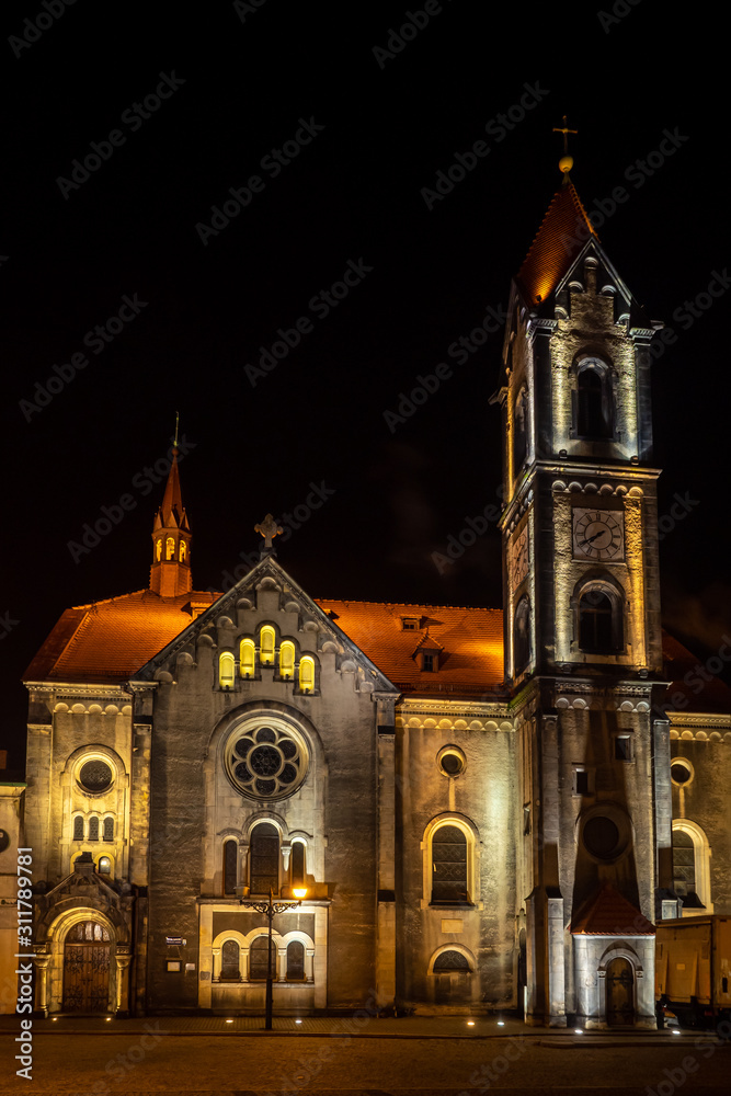 Poland Unesco city Tarnowskie Gory - market square with protestant church