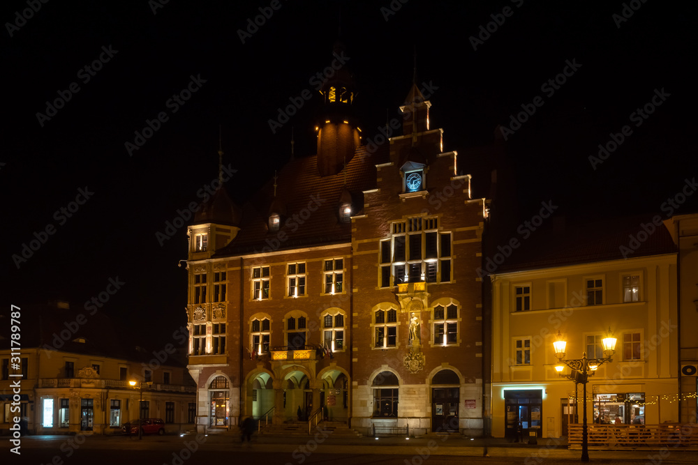 Poland Unesco city Tarnowskie Gory - market square with town hall and protestant church