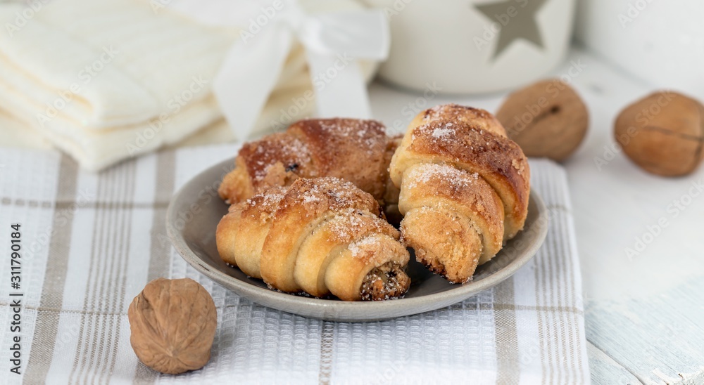 Homemade Christmas croissants with nut filling