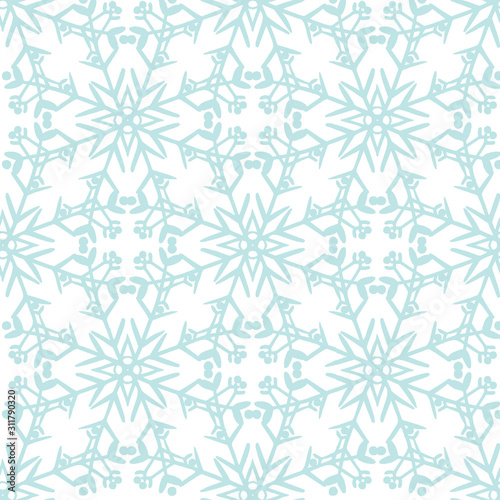 Celebrate freezing snowflakes background. Christmas print fabric wonderful wrapping surface pattern design. Blue snowflakes on light background.