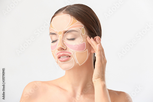 Foto Woman with cosmetics on her face against white background