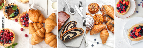 Collage of photos with different tasty pastries photo