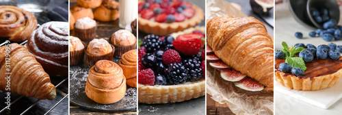 Collage of photos with different tasty pastries Fototapet