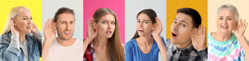 Different people with hearing problem on color background Different people with hearing problem on color background