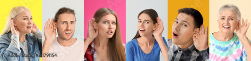 Different people with hearing problem on color background
