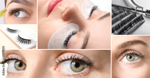 Collage of photos with woman undergoing eyelash treatment, closeup