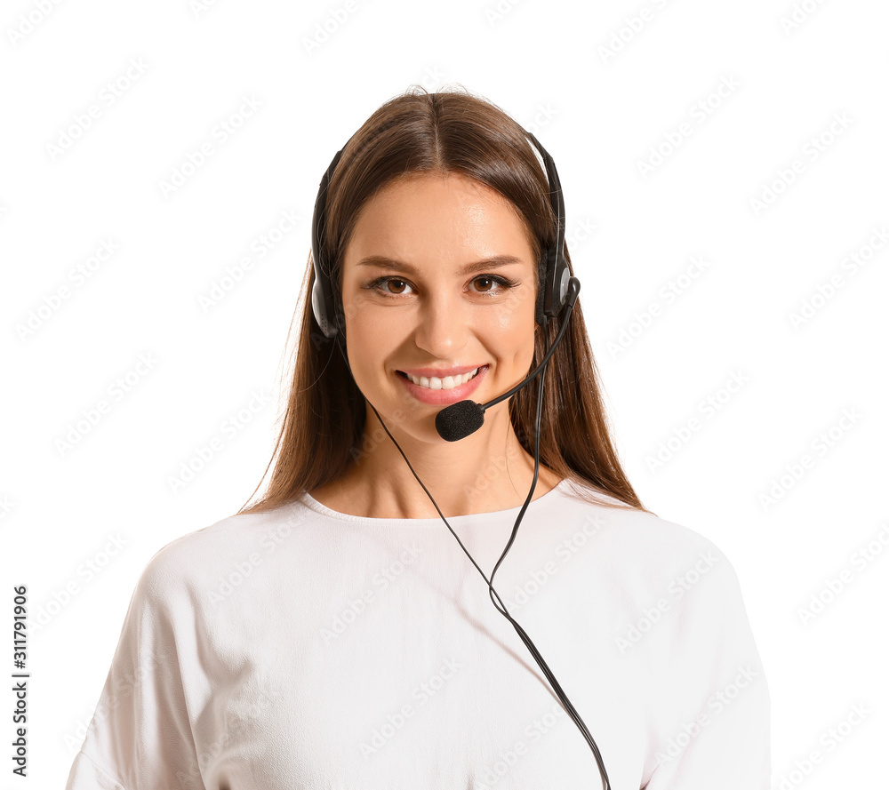 Female technical support agent on white background Female technical support agent on white background