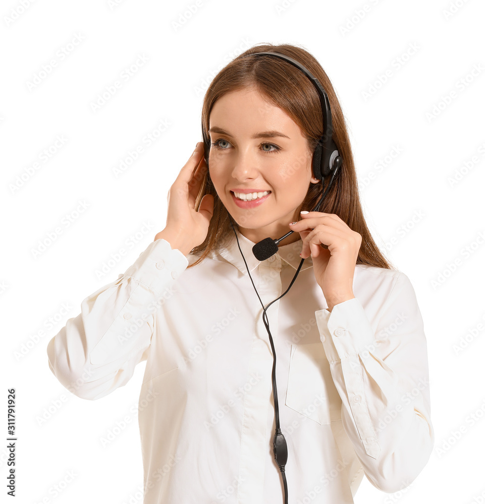 Female technical support agent on white background Female technical support agent on white background