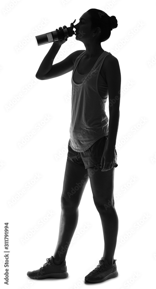 Silhouette of sporty young woman with bottle of water on white background Silhouette of sporty young woman with bottle of water on white background