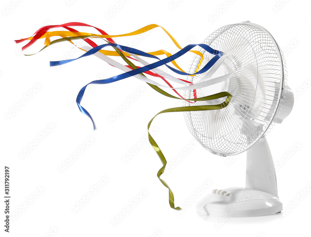Obraz Electric fan with fluttering ribbons on white background fototapeta, plakat