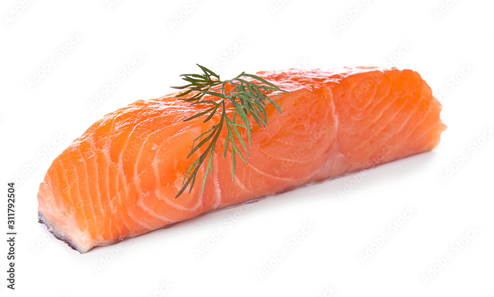 Raw salmon fillet on white background